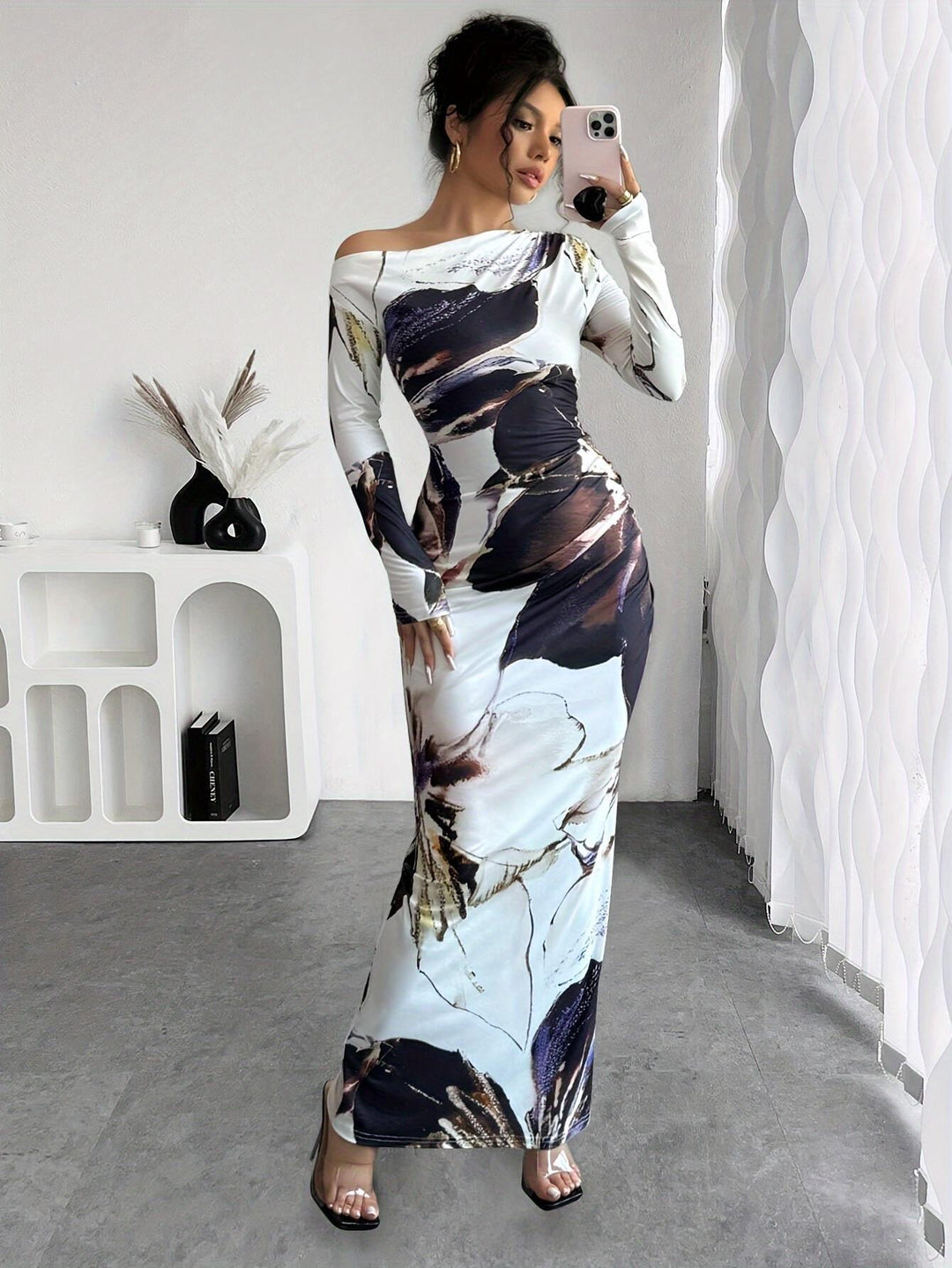 Damen elegantes Langarmkleid mit floralem Motiv Drune
