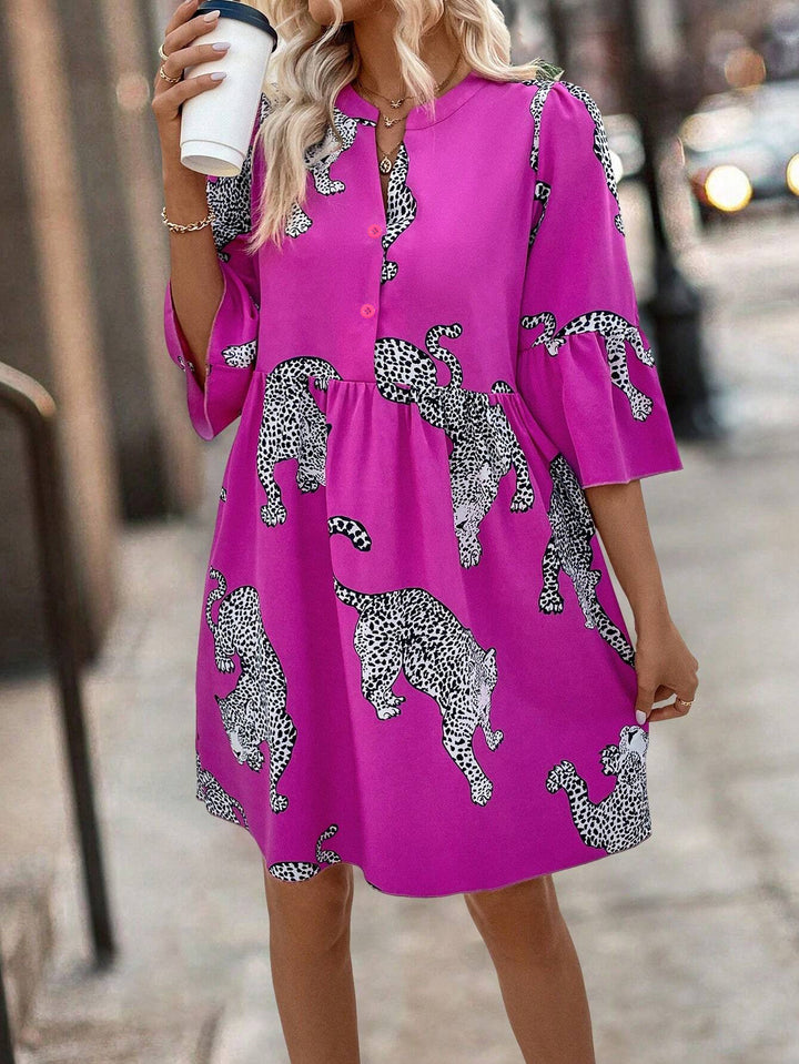 Damen nan lockeres Tunika-Kleid mit geraffter Taillennaht, Knopfleiste und grafischem Tier-Silhouettenprint Drune