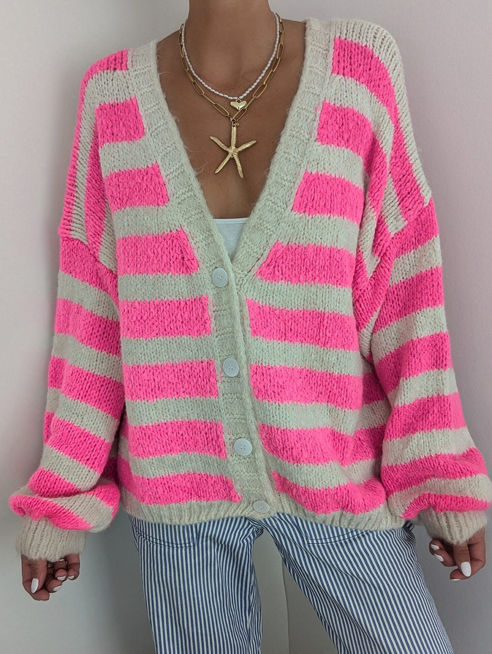 Damen Oversized Strickjacke mit modernem Streifenmuster und lässigem Schnitt Drune