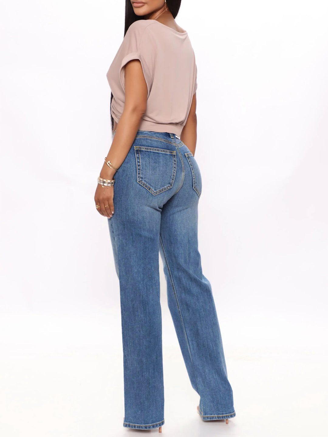 Damen Hochtaillierte Gerade‑Bein-Jeans im Retro‑Stil mit weitem Saum und Fünf‑Taschen‑Design Drune