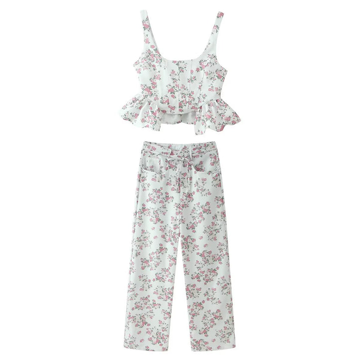 Damen Oberteil und Hose Set mit floralem Design und voluminösem Schnitt Drune