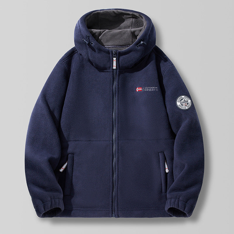 Unisex nan Kapuzen-Fleecejacke mit hochgeschlossenem Haubenkragen, durchgehendem Reißverschluss und seitlichen Einschubtaschen Drune