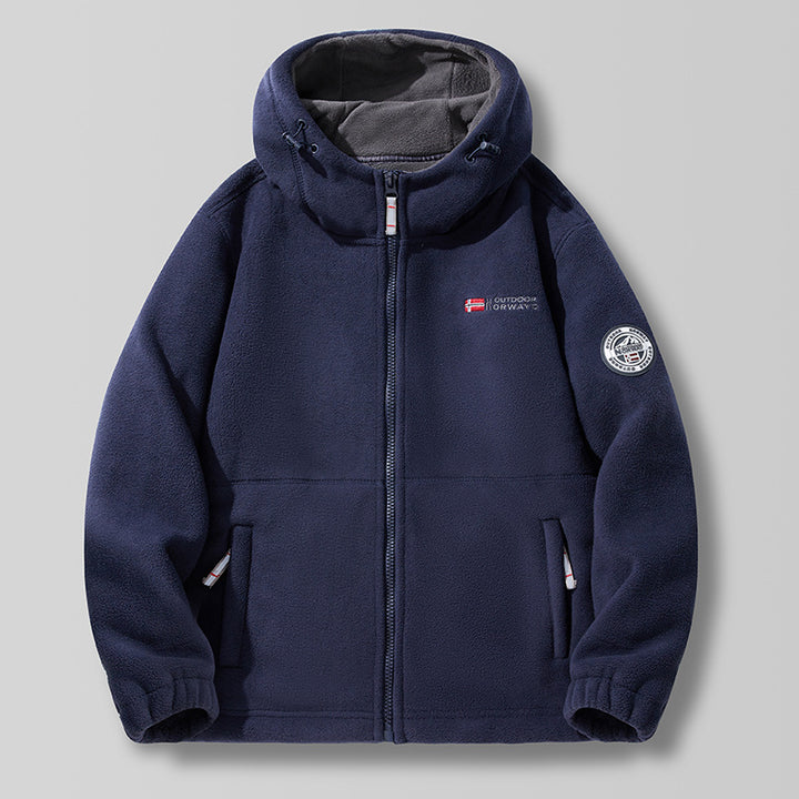 Unisex nan Kapuzen-Fleecejacke mit hochgeschlossenem Haubenkragen, durchgehendem Reißverschluss und seitlichen Einschubtaschen Drune