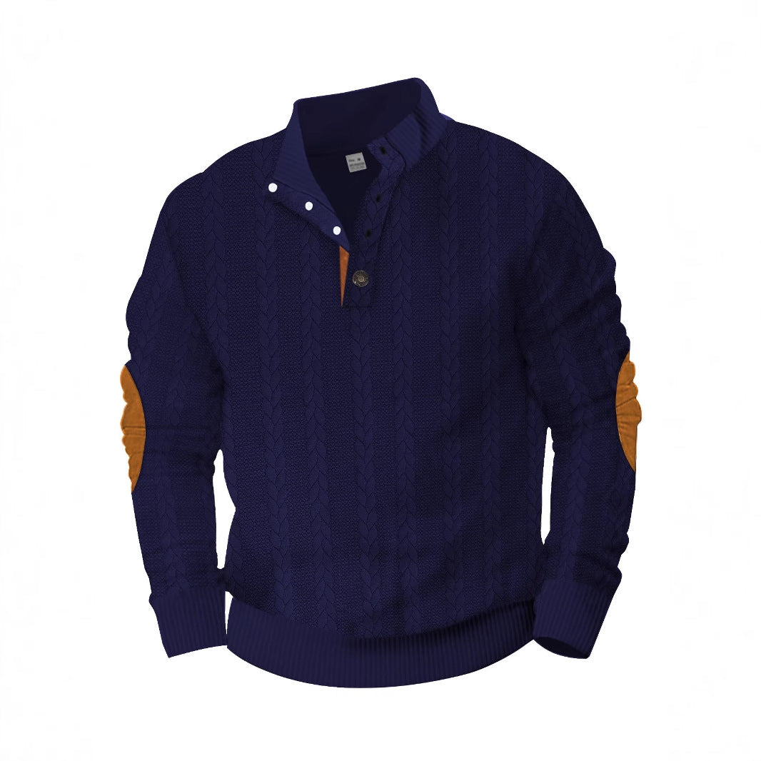 Herren nan Zopfmuster-Halbknopf-Pullover mit hohem Stehkragen und Wildleder-Ellbogenpatches Drune