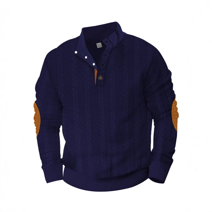 Herren nan Zopfmuster-Halbknopf-Pullover mit hohem Stehkragen und Wildleder-Ellbogenpatches Drune