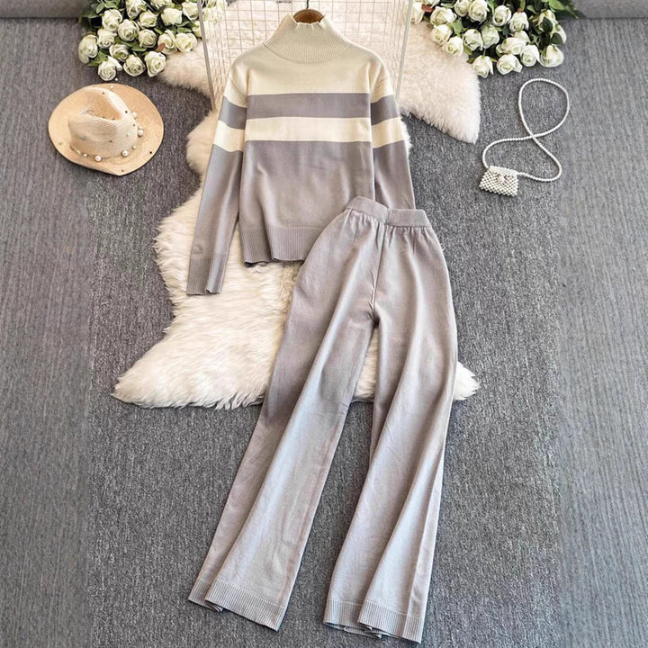 Damen modisches Strick-Loungewear-Set mit hohem Kragen und breiten Streifen Drune