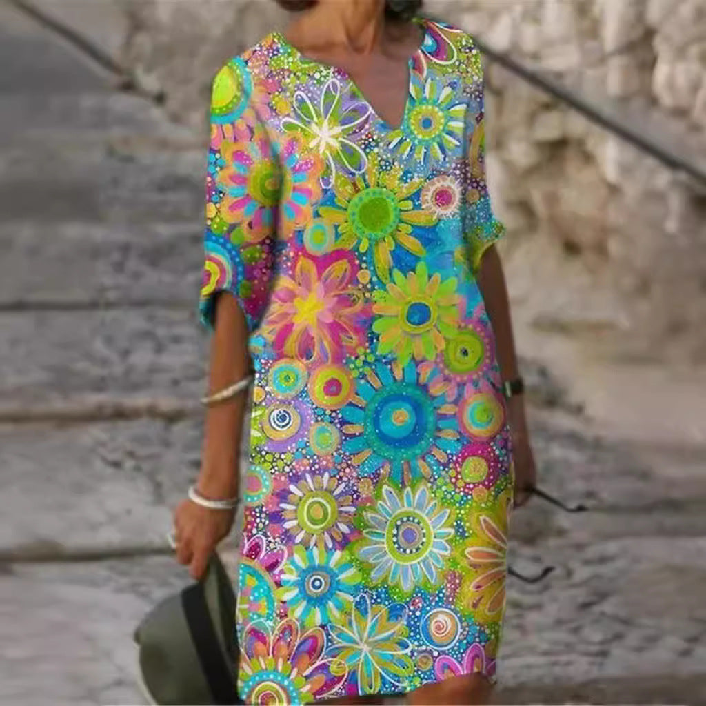 Damen lässiges Freizeitkleid mit floralen Mustern und V-Ausschnitt Drune