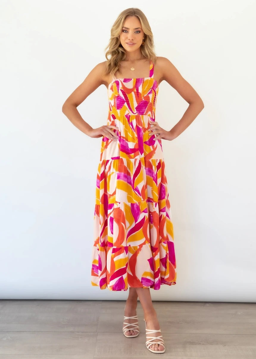 Damen Maxikleid mit voluminösem Rock und schulterfreien Trägern Drune