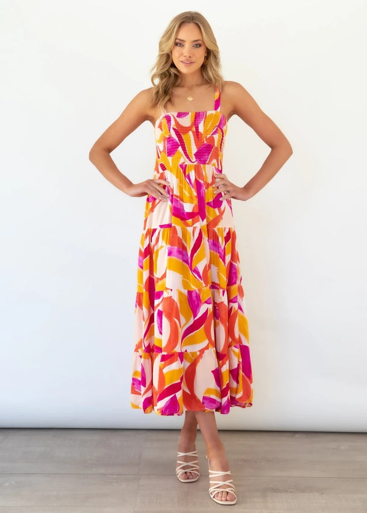 Damen Maxikleid mit voluminösem Rock und schulterfreien Trägern Drune