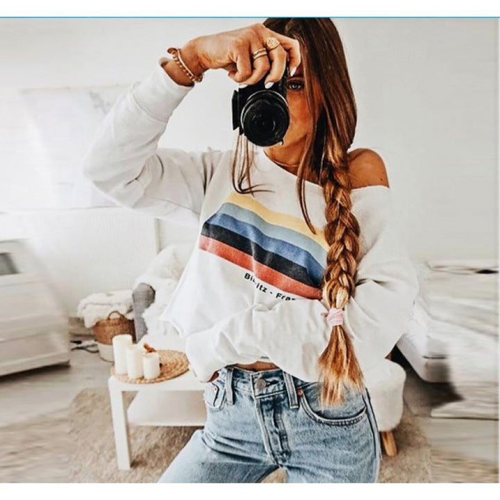 Damen Off-Shoulder Sweatshirt mit Retro-Bandprint und lockerer Cropped-Passform Drune