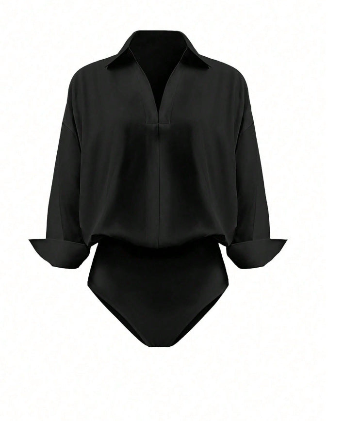 Damen Eleganter Hemdblusen-Body mit V-Ausschnitt, Oversize‑Schnitt und Umschlagmanschetten Drune