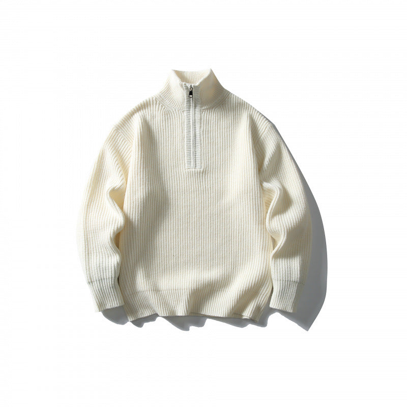Unisex Strukturierter Halbzip-Strickpullover mit hohem Stehkragen und geripptem Rippstrick Drune