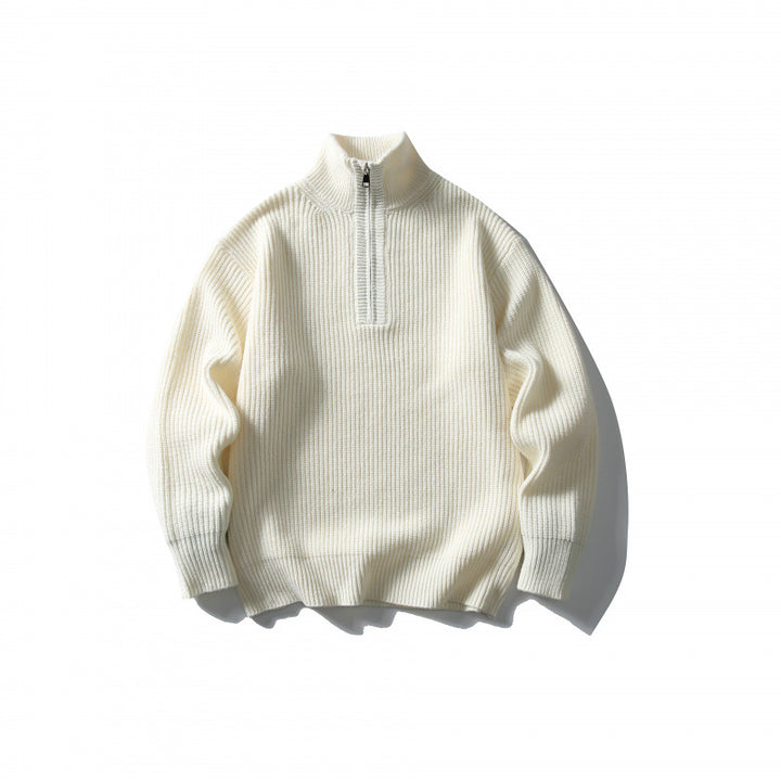 Unisex Strukturierter Halbzip-Strickpullover mit hohem Stehkragen und geripptem Rippstrick Drune