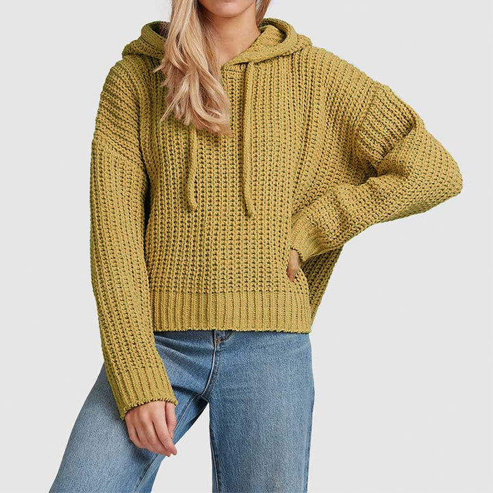 Damen Grobstrick-Kapuzenpullover mit Waffelstruktur, überschnittener Schulter und kurzem Saum Drune