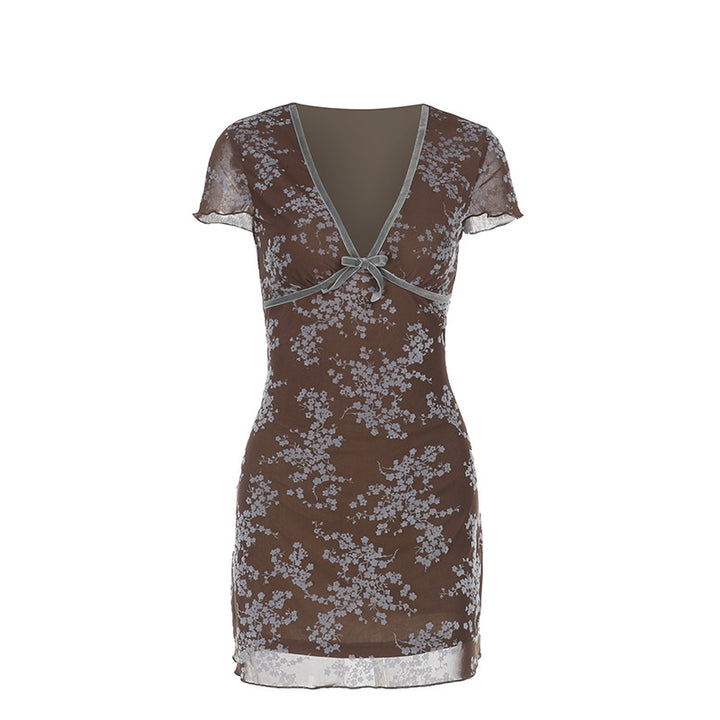 Damen sexy Mini-Kleid mit floralem Spitzenmuster und tiefem V-Ausschnitt Drune