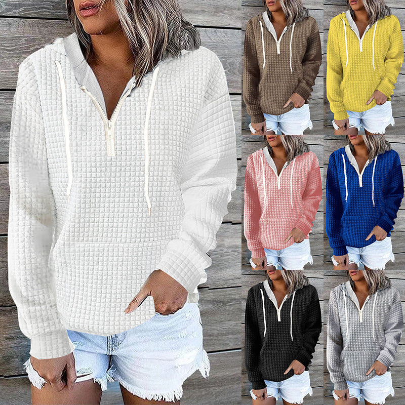 Damen Waffelstruktur Kapuzenpullover mit Halbzip, Kängurutasche und lässigem Oversize‑Schnitt Drune