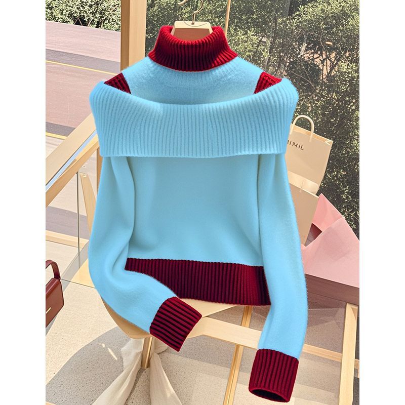 Damen Pullover mit weitem Stehkragen und dekorativem Farbkontrast Drune