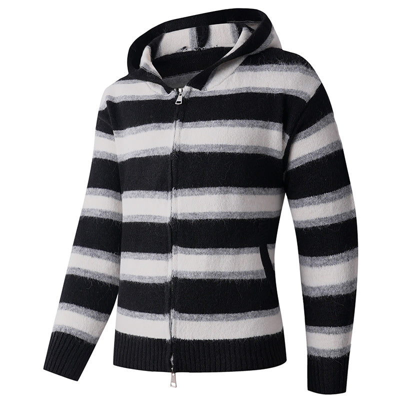 Herren Flauschige Kapuzen‑Strickjacke mit Doppelreißverschluss, Rippbündchen und horizontalem Streifenmuster Drune