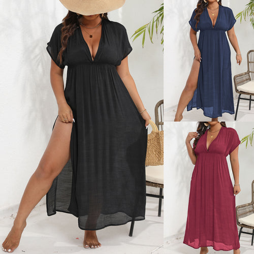 Damen luftiges Maxikleid mit tiefem V-Ausschnitt und seitlichen Schlitzen Drune