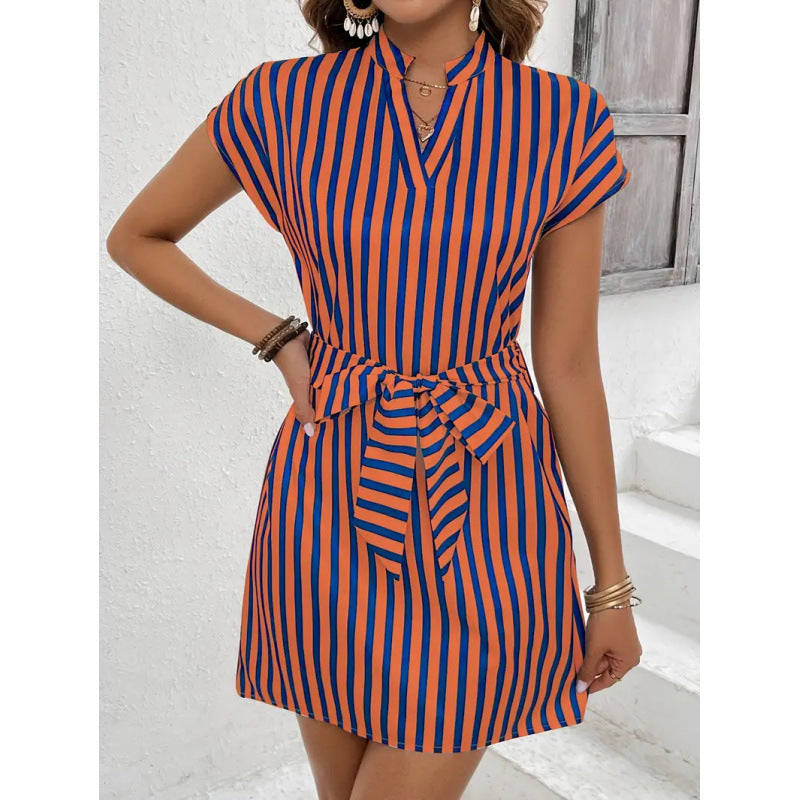 Damen Kurzarmkleid mit Gürtel und Streifenmuster Drune