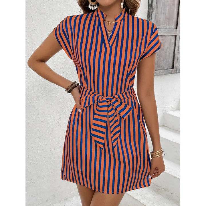 Damen Kurzarmkleid mit Gürtel und Streifenmuster Drune