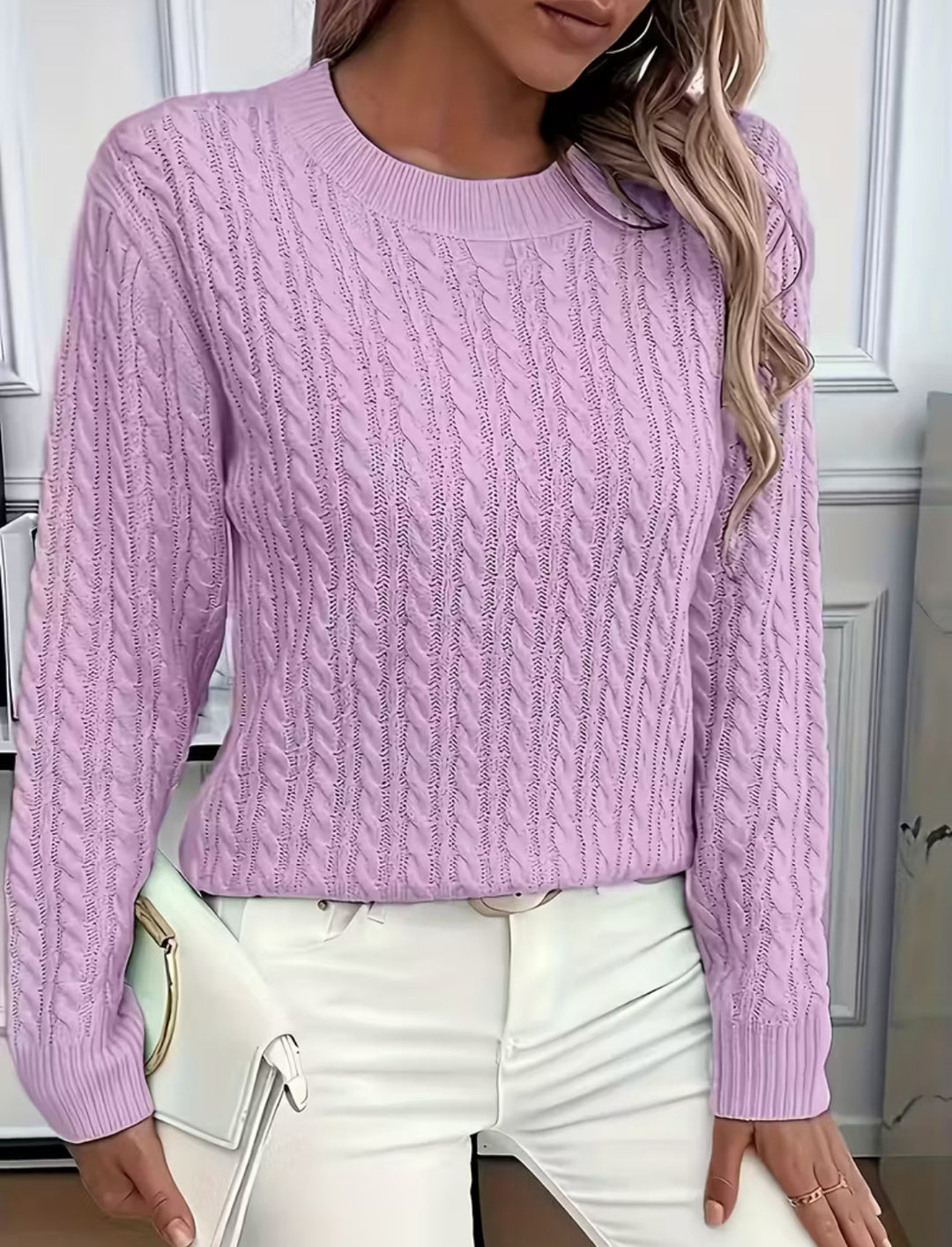 Damen Kurz geschnittener Zopfmuster-Strickpullover mit Rundhalsausschnitt Drune