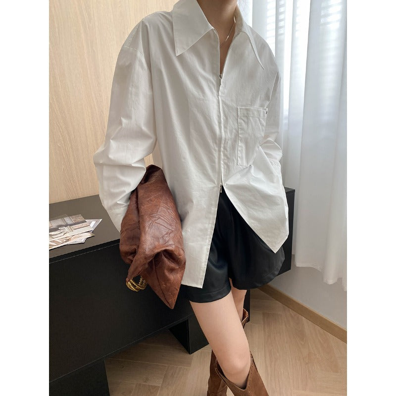 Damen lässige Hemdbluse mit tiefem Kragen und Brusttasche Drune