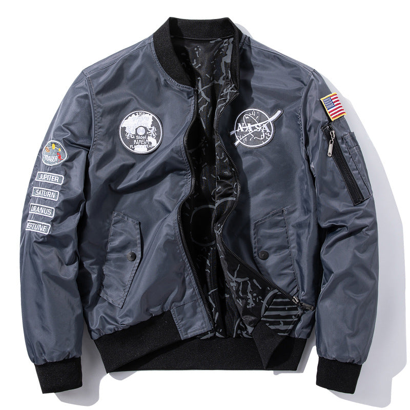 Herren  bestickte Raum-Patch glänzende Shell Bomberjacke mit bedrucktem Innenfutter und Ärmel-Reißverschluss-Nutztasche Drune