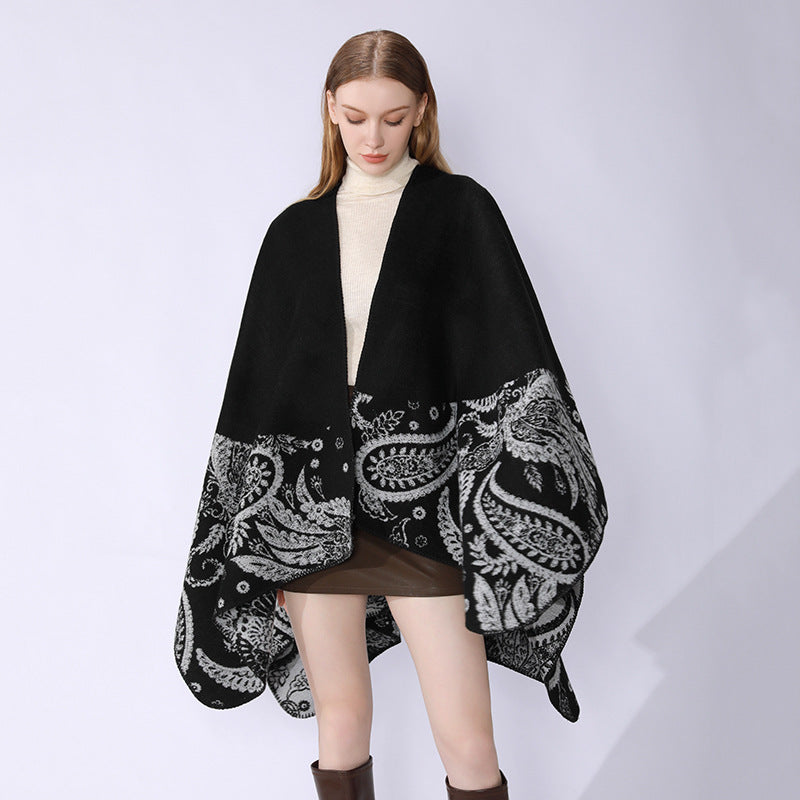 Damen Reversibler Jacquard-Capeponcho aus Wollmix mit Paisley-Motiv und offenem Fall Drune