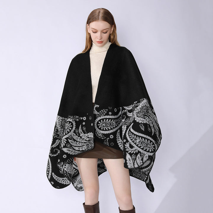Damen Reversibler Jacquard-Capeponcho aus Wollmix mit Paisley-Motiv und offenem Fall Drune