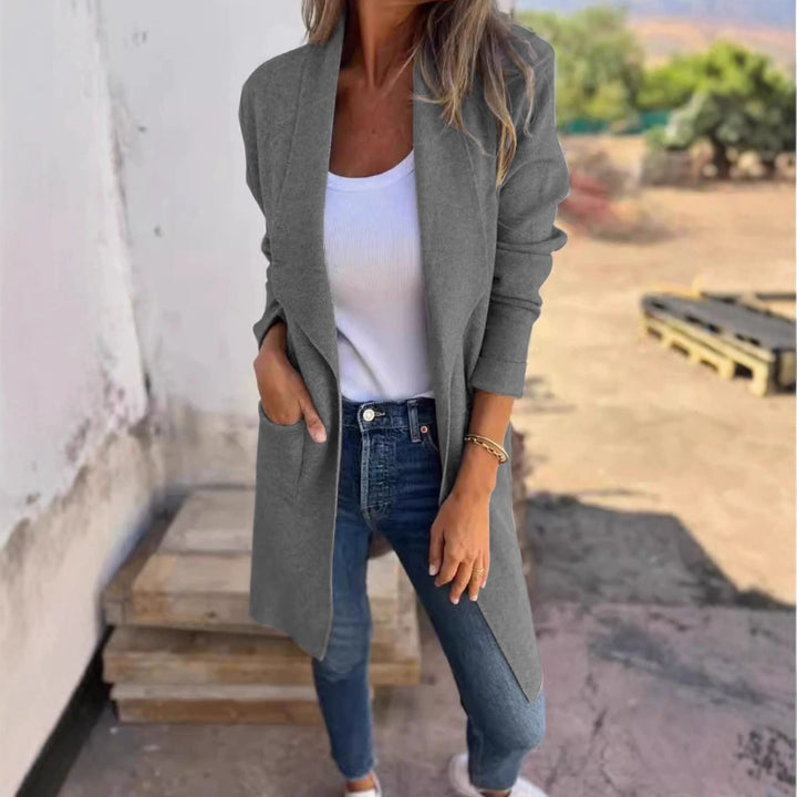 Damen Longline Blazer mit Schalkragen, offenem Schnitt und aufgesetzten Taschen Drune