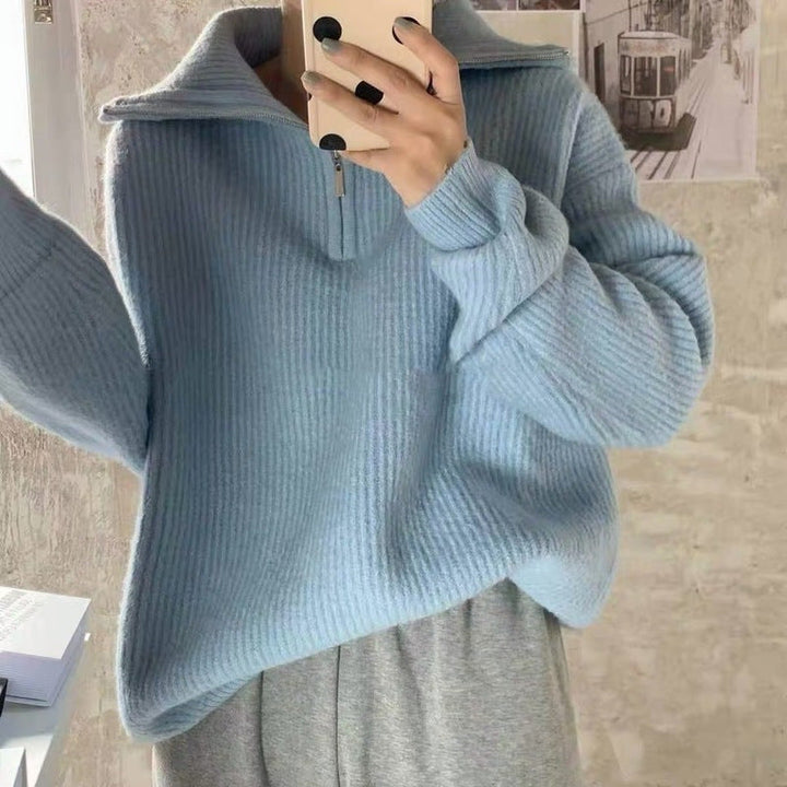 Damen Leichter Strickpullover mit hohem Kragen und Reißverschluss Drune