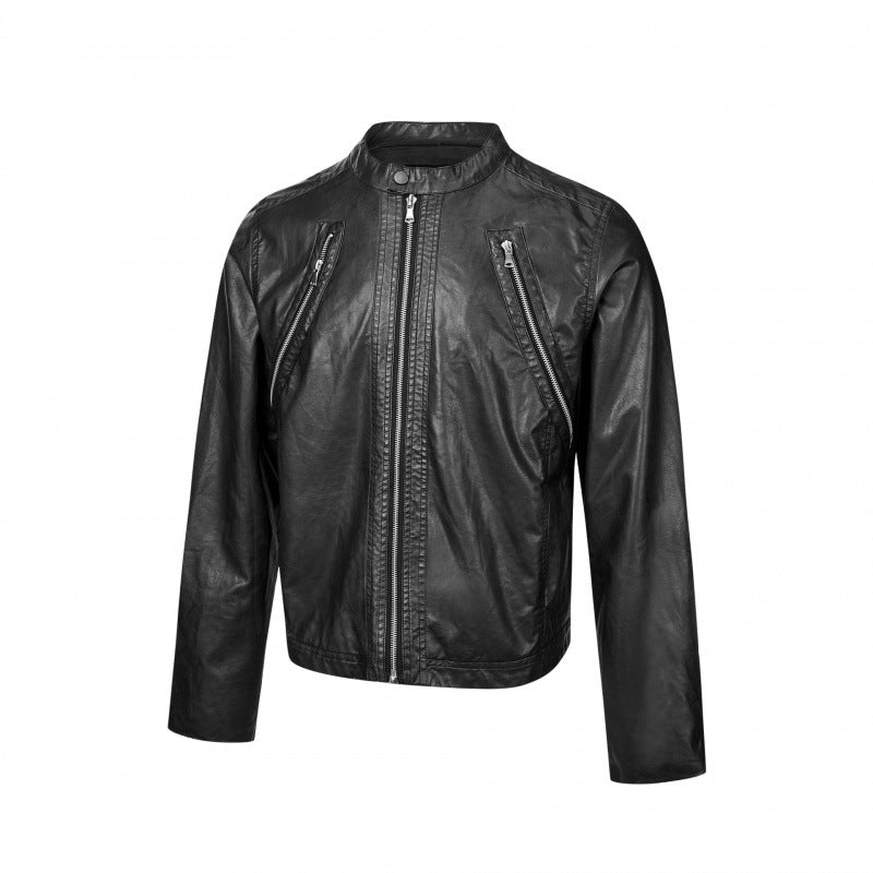 Herren Lederjacke im Bikerstil mit Stehkragen und diagonalen Reißverschlusstaschen Drune