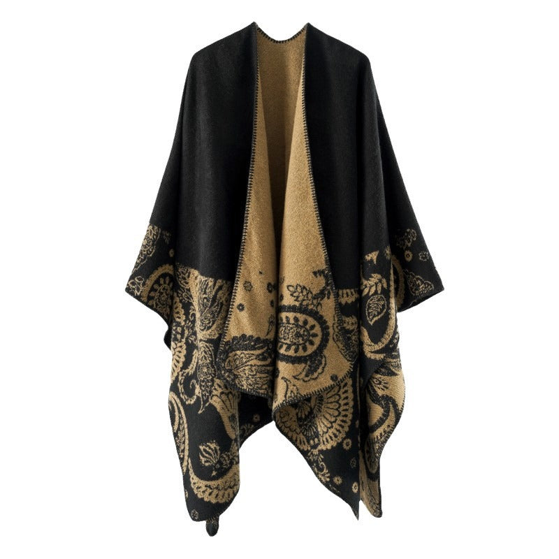 Damen Reversibler Jacquard-Capeponcho aus Wollmix mit Paisley-Motiv und offenem Fall Drune