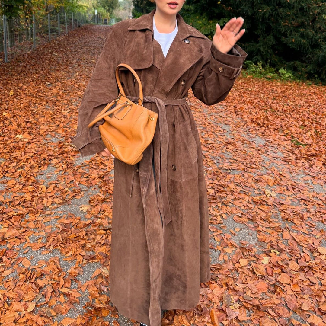 Damen Suede Trenchcoat mit Gürtel und eleganten Knopfdetails Drune