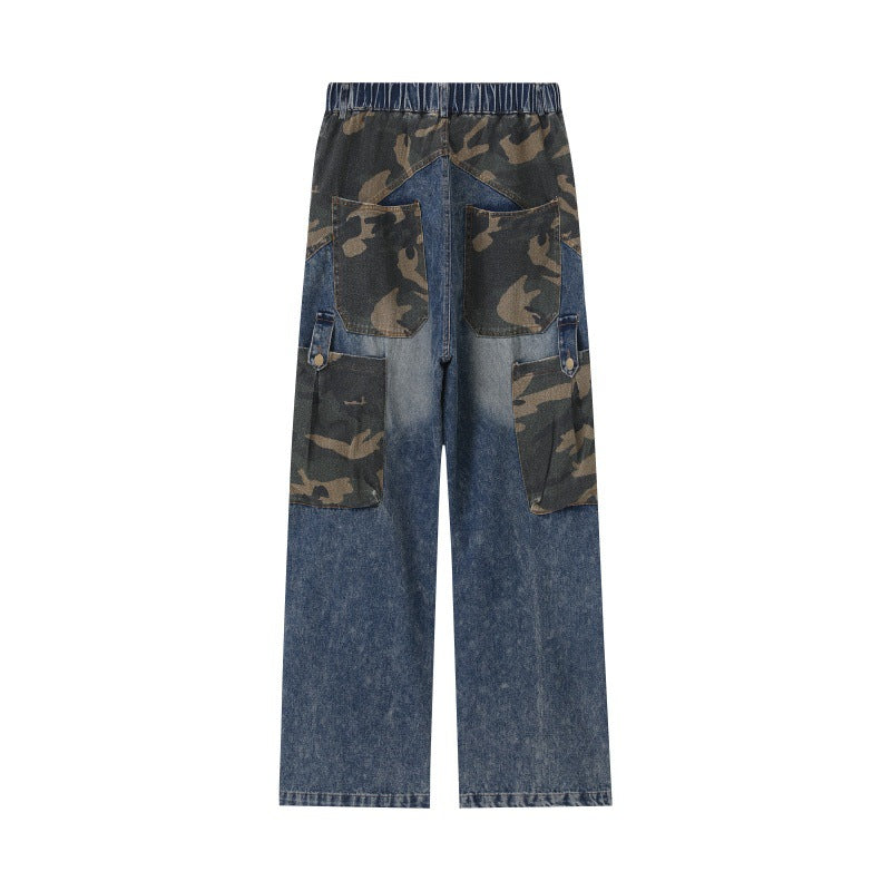 Damen Weite High‑Waist Denim‑Cargohose mit Camouflage‑Einsätzen Drune