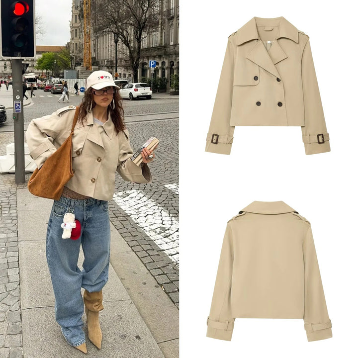 Damen modische Kurztrenchjacke mit doppelter Knopfreihe und Gürtel Drune