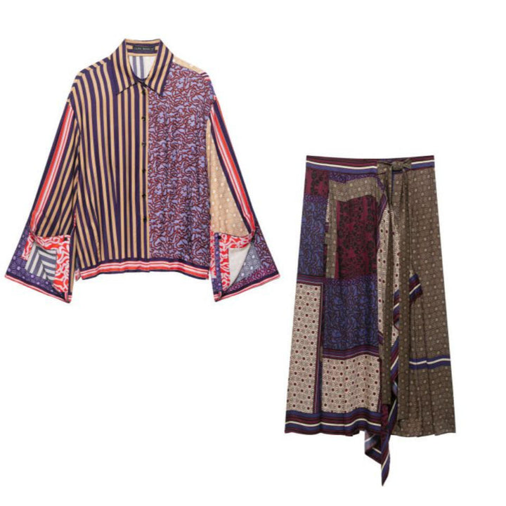 Damen Gemusterte Patchwork‑Bluse mit weitem Glockenärmel und Hemdkragen Drune