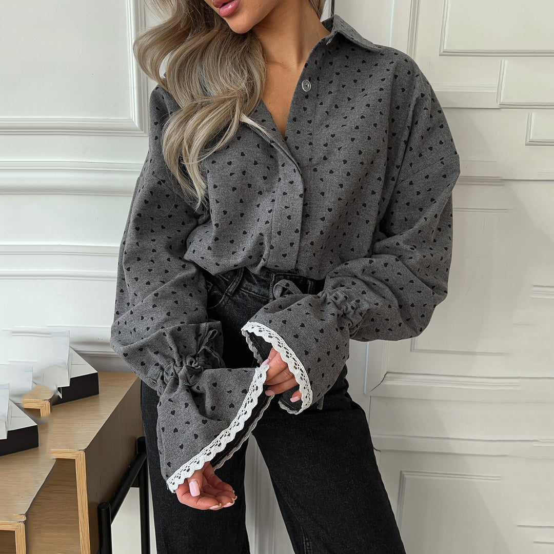 Damen Bluse mit Herzchenmuster und dekorativen Rüschendetails Drune