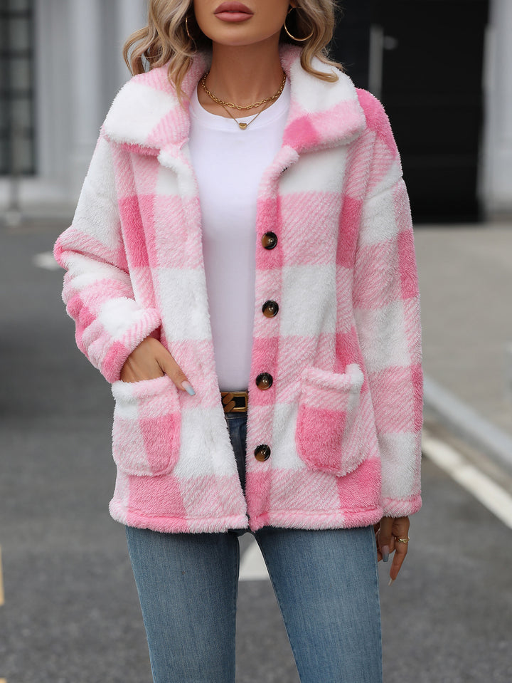 Damen Plüschjacke mit angesagtem Karomuster und praktischen Taschen Drune