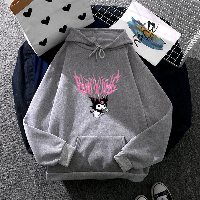 Damen nan lockeres Kapuzensweatshirt aus angerautem Fleece mit Kängurutasche und kawaii-Charakter-Print Drune