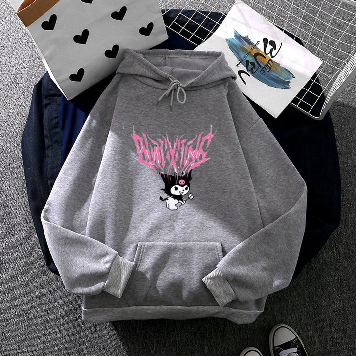 Damen nan lockeres Kapuzensweatshirt aus angerautem Fleece mit Kängurutasche und kawaii-Charakter-Print Drune