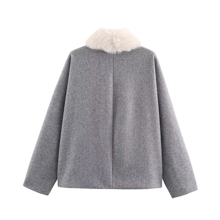Damen nan kurz geschnittene kastige Wollmix-Jacke mit abnehmbarem Kunstpelzkragen und Leistentaschen Drune