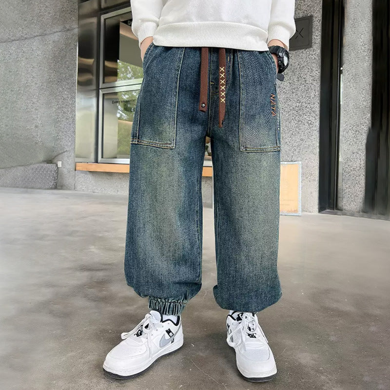 Unisex weite Denim-Hose mit elastischen Bündchen und großen Taschen Drune