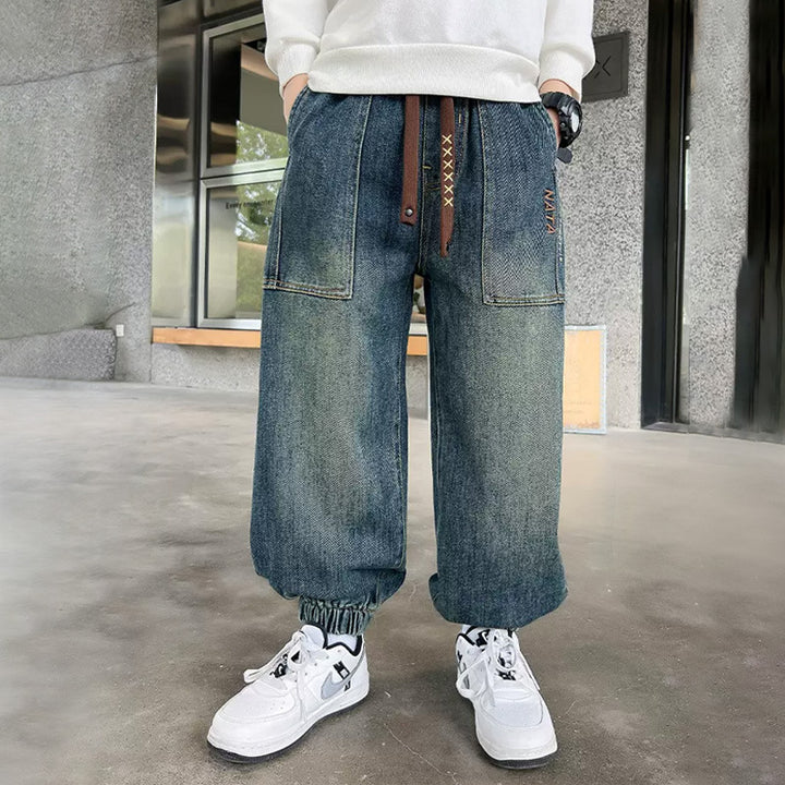 Unisex weite Denim-Hose mit elastischen Bündchen und großen Taschen Drune