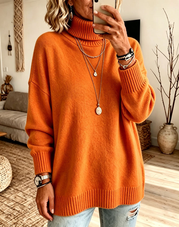 Damen Oversize Rollkragenpullover aus Feinstrick mit gerippten Bündchen und überschnittener Schulter Drune