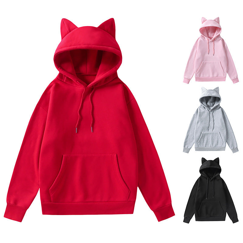 Damen nan Kapuzenpullover mit Katzenohren oversized Sweatshirt mit Kängurutasche und Kordelzug Drune