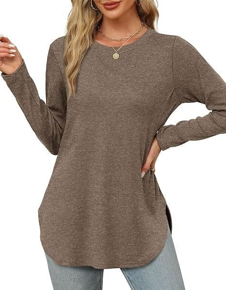 Damen Lässiges Longsleeve-Tunikaoberteil mit Rundhalsausschnitt, Seitenschlitzen und Aquarell-Blattprint Drune