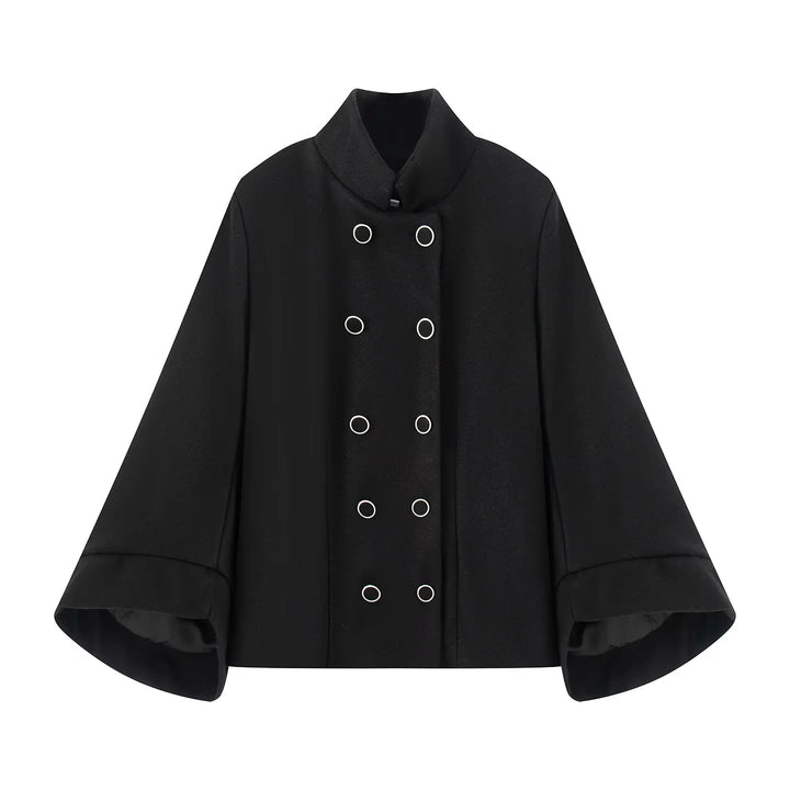 Damen nan kastiger zweireihiger Cape-Mantel mit weiten Glockenärmeln und Stehkragen Drune