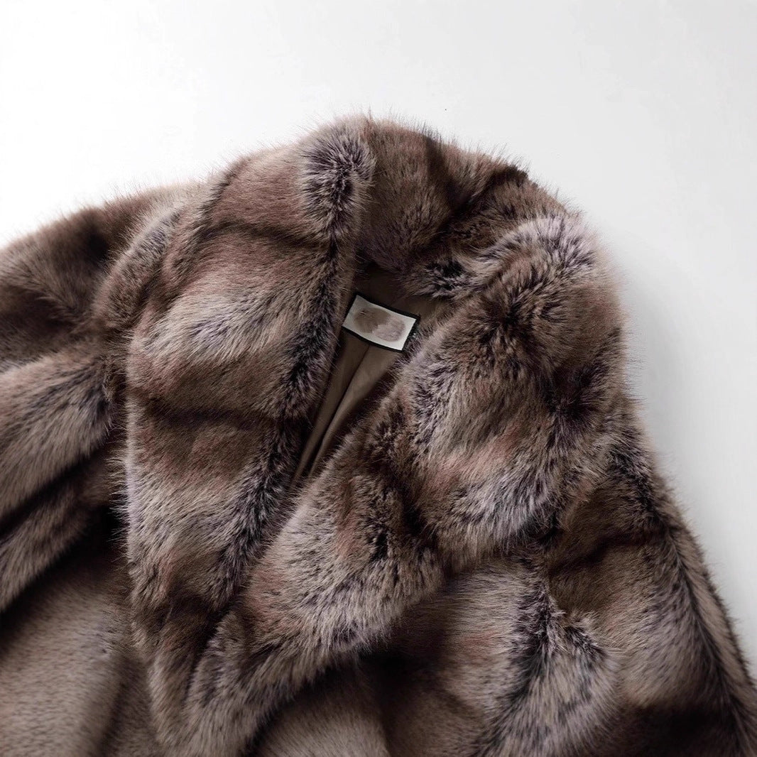 Damen Luxuriöser Oversize-Kunstpelzmantel mit Kapuze und satiniertem Futter Drune